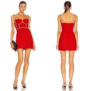 AREA Red Strapless Mini Dress with Embellished Straps